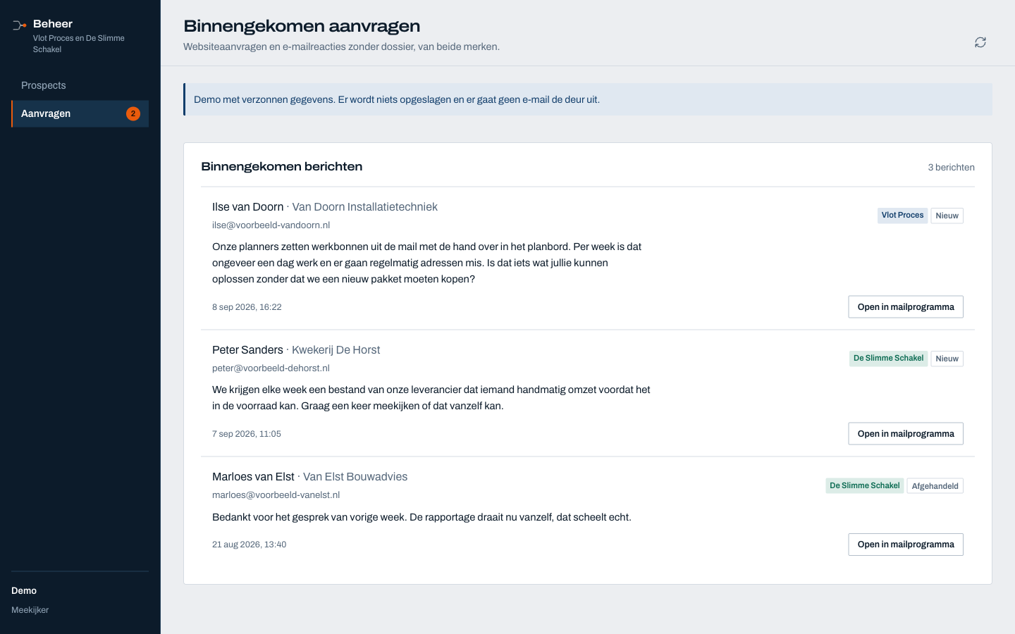 Tabblad Aanvragen met binnengekomen berichten van beide merken en hun status